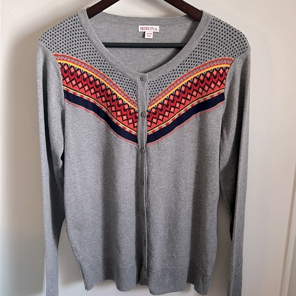 Merona Gray Cardigan with Red and Yellow Accents